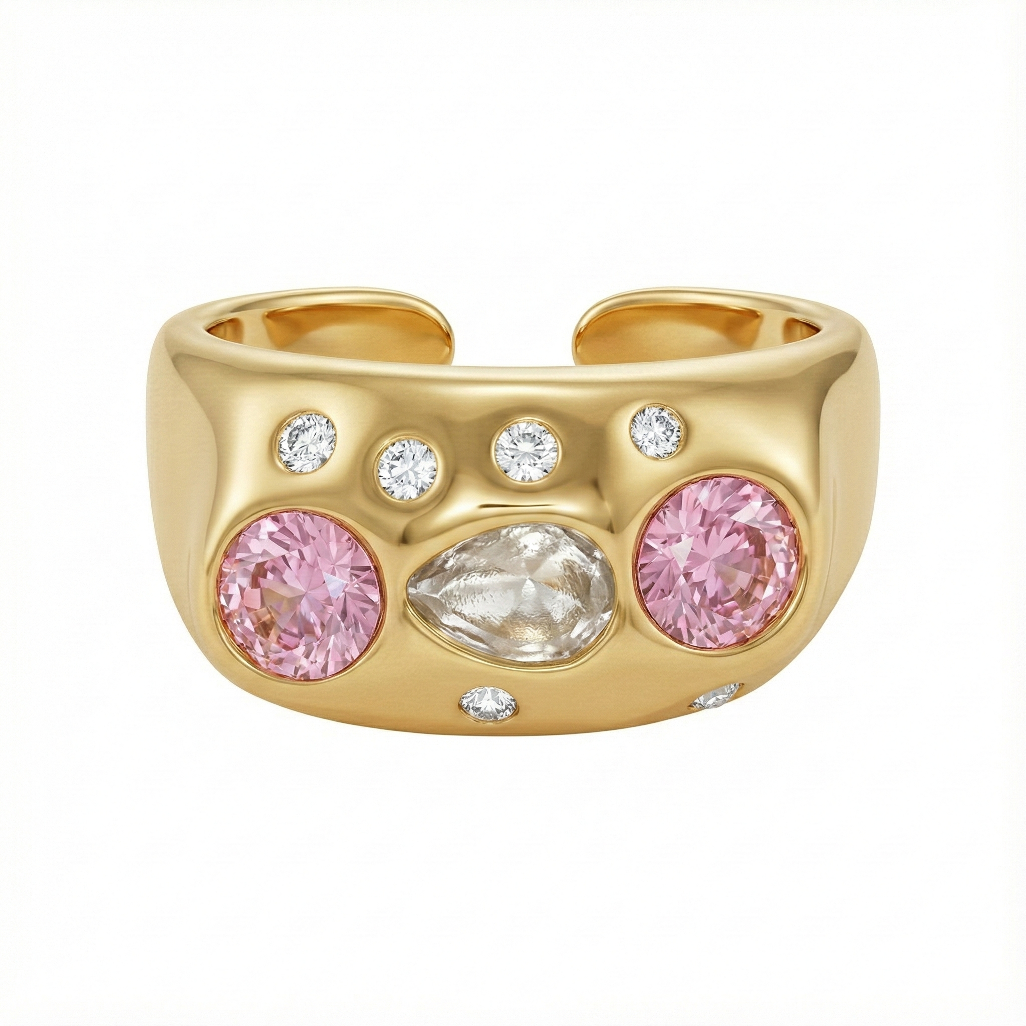 Bague large dorée sculpturale avec cristaux colorés